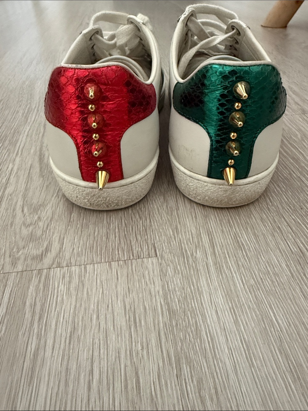 Gucci White Sneakers with Black Stripe, Red & Green Heel Accents - Picture 3 of 4